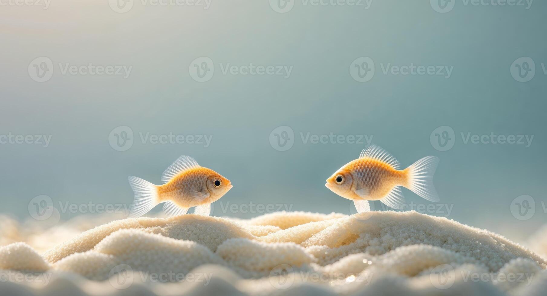 Two small fish are standing on top of a white sand photo