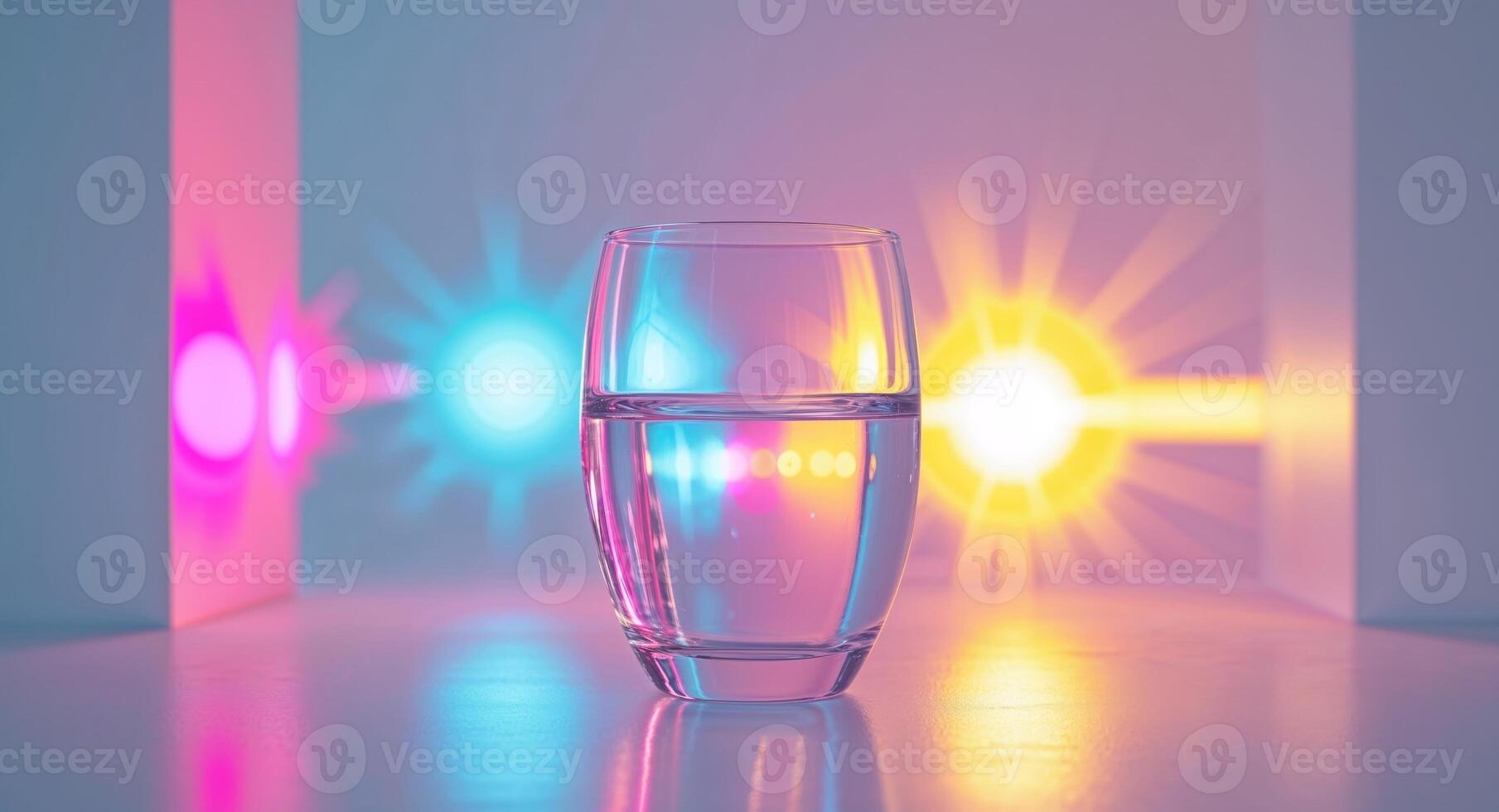 A glass of water with colorful lights in the background photo