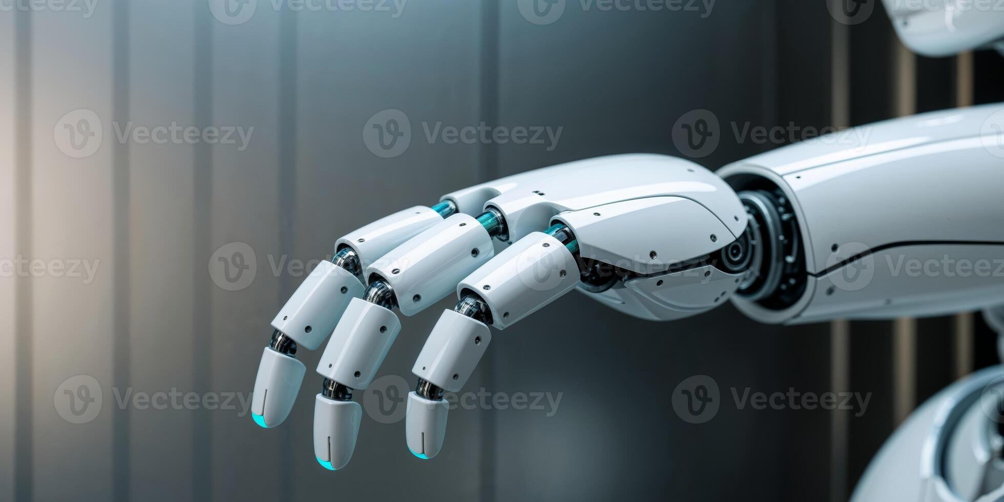 Close Up of a White Robotic Hand with Light Blue Accents on a Grey Metallic Background. photo
