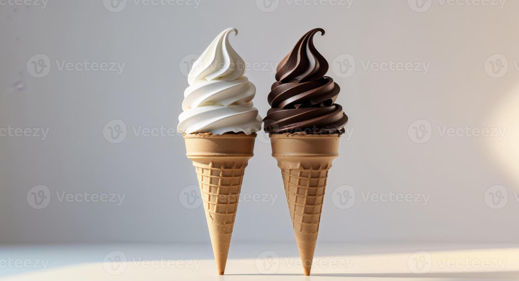 Delicious Soft Serve Ice Cream Cones in Vanilla and Chocolate Flavors photo