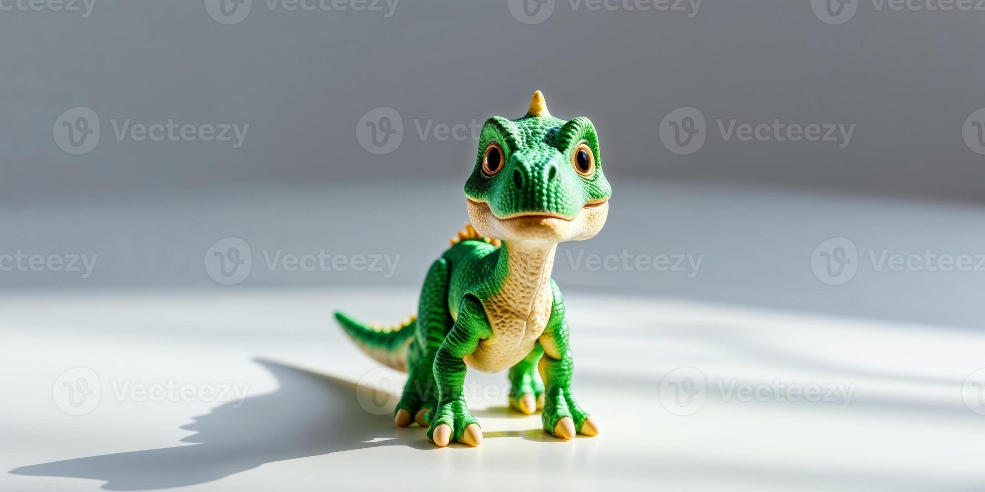 Toy dinosaur figurine standing proudly on a clean white surface display photo
