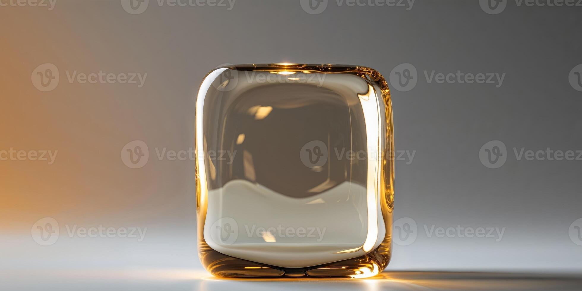 Luminous Golden Glass Cube Abstract Art Reflection Light. photo
