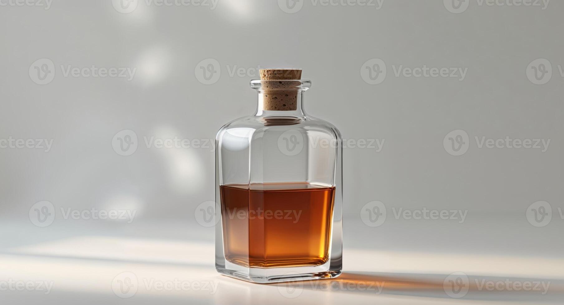 Clear Glass Bottle Holds Dark Amber Liquid with Cork Stopper. photo