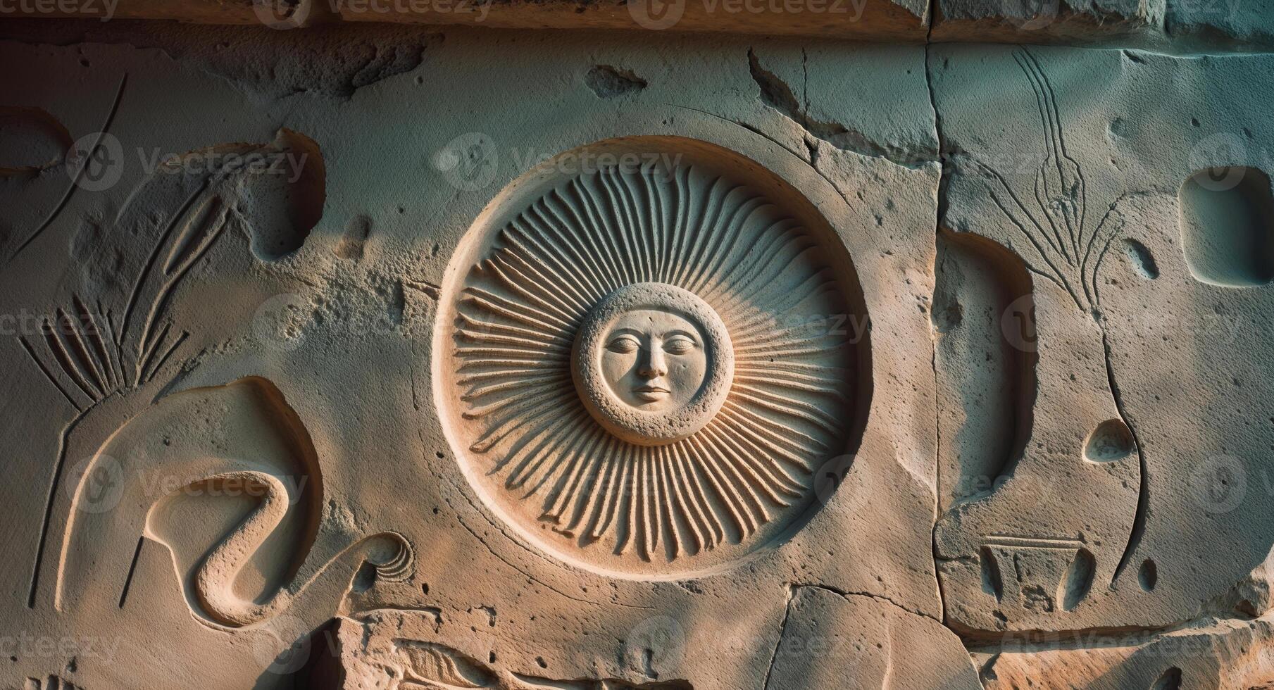 Ancient carvings depicting prominent sun symbol and intricate figures on a wall in a historical site photo