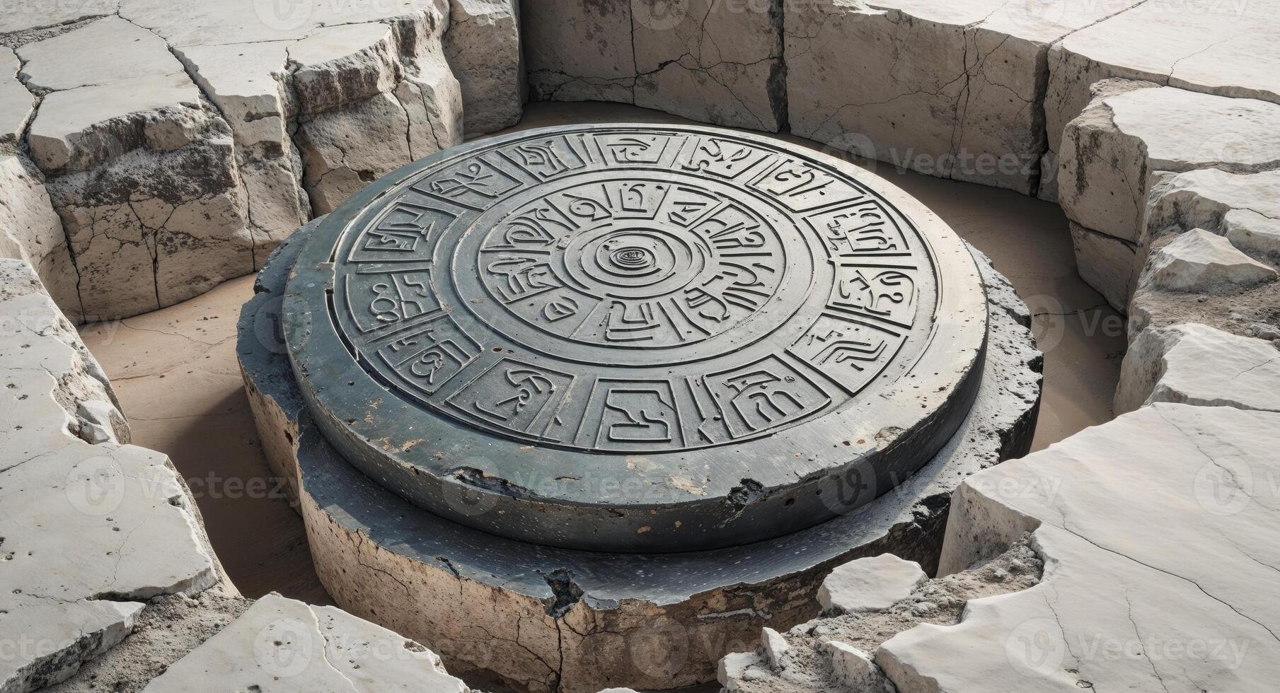 Ancient metallic artifact partially embedded in stone with glyphs photo