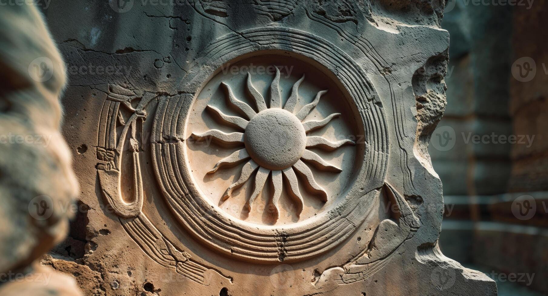 Ancient carvings depicting prominent sun symbol and intricate figures on a wall in a historical site. photo