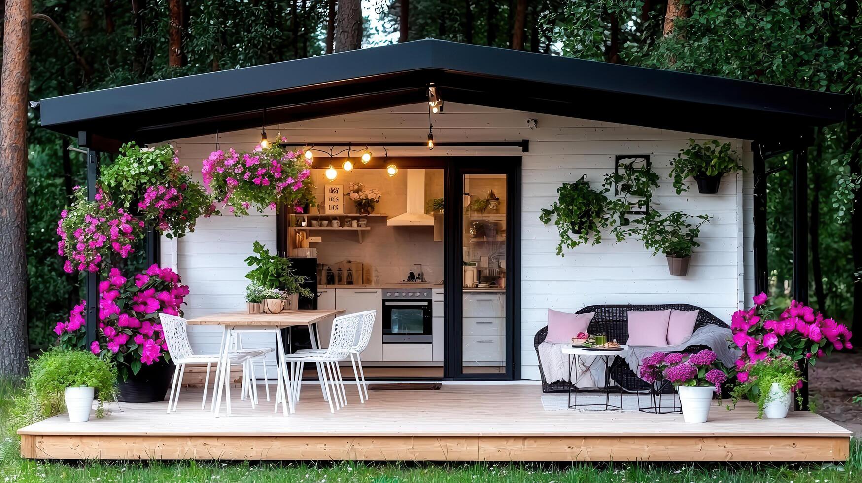 Cozy Modern Tiny House Exterior with Patio Flowers and Outdoor Dining Area photo