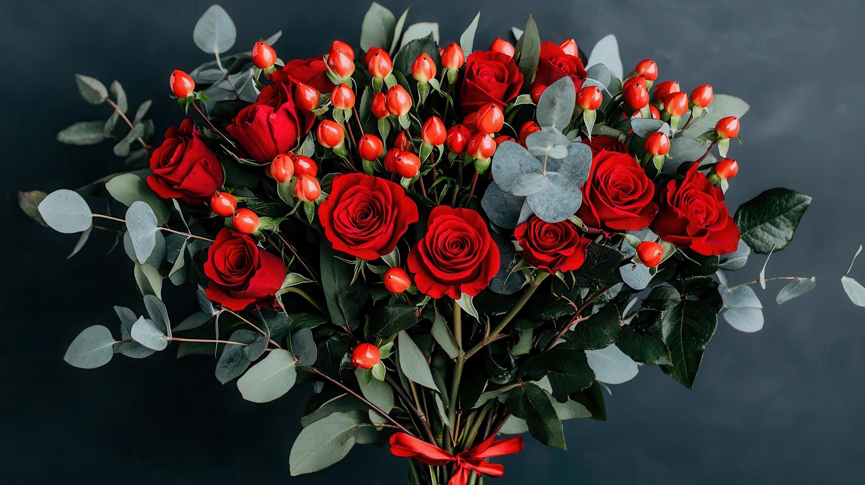 Luxurious Red Roses Bouquet with Eucalyptus and Berries for Romantic Occasions photo