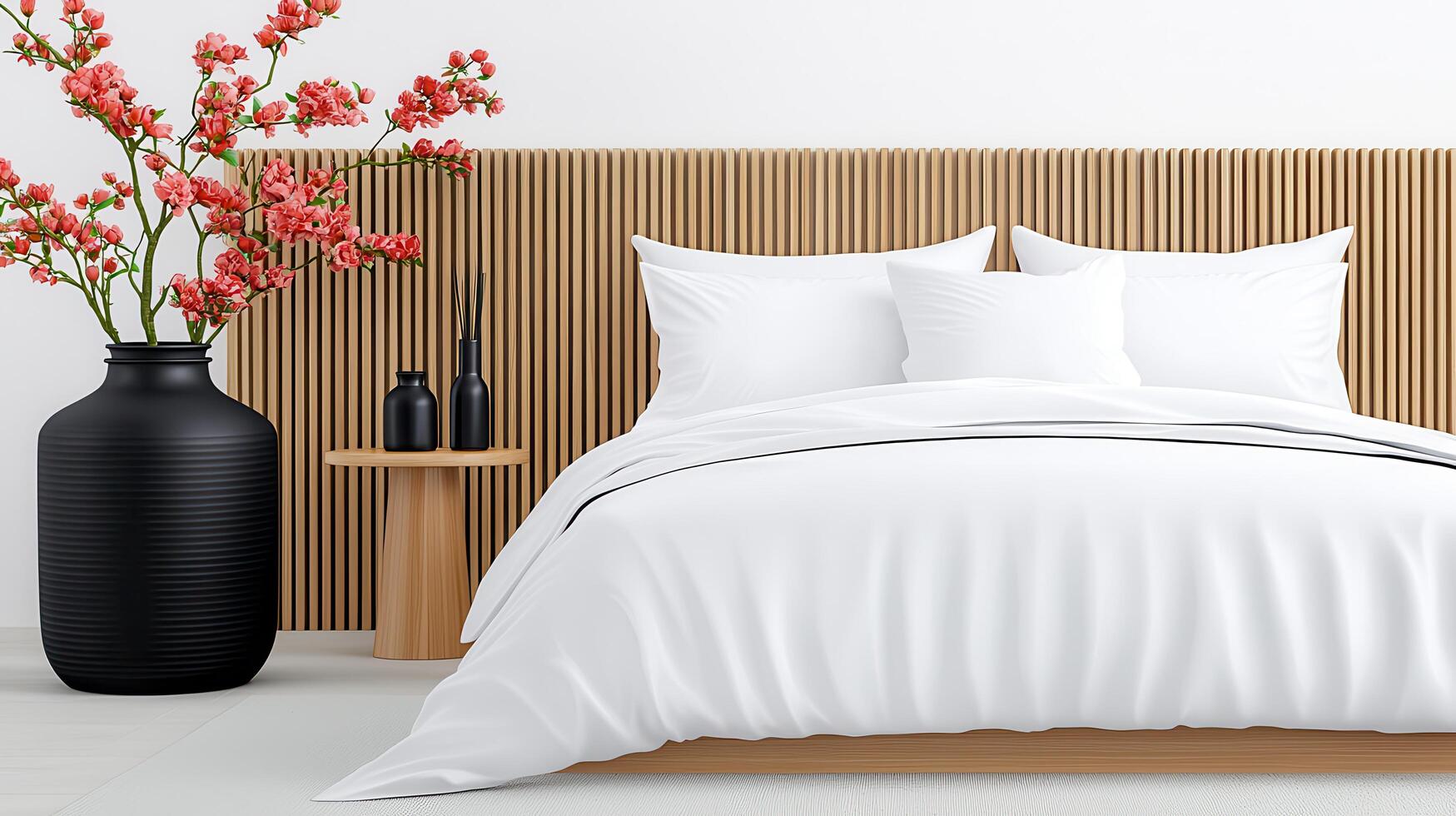 Modern Minimalist Bedroom Interior Design White Bedding Wooden Headboard and Pink Flowers photo