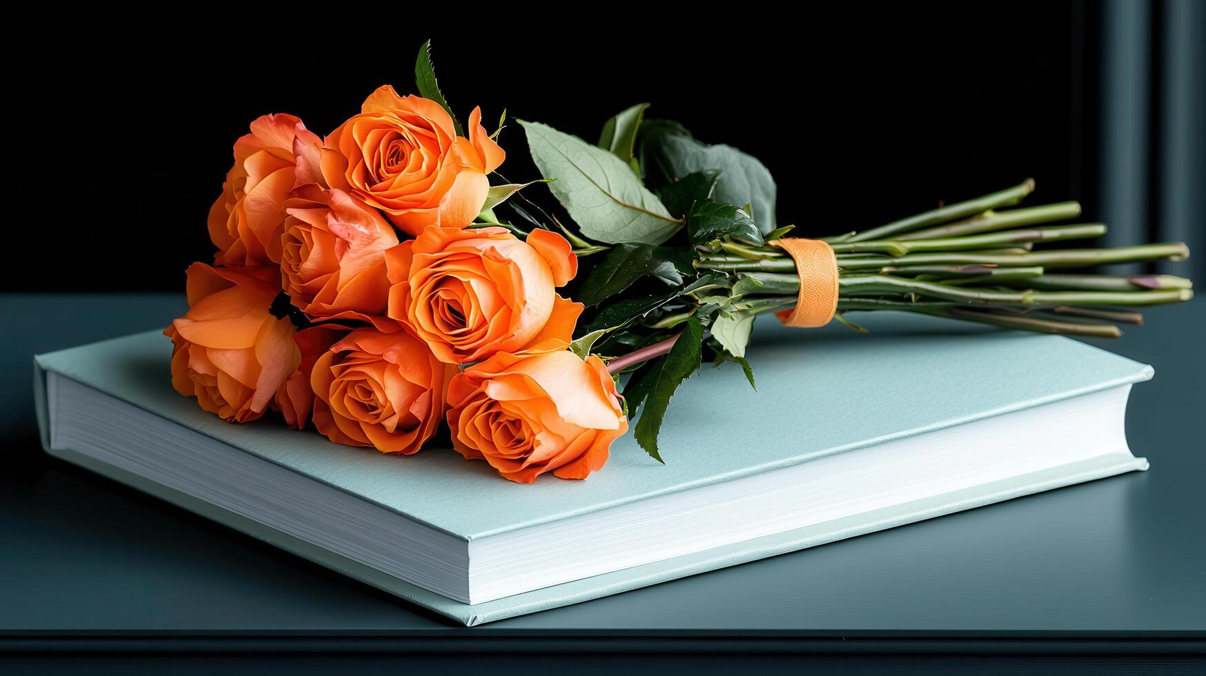 Elegant Orange Roses Bouquet on a Light Teal Photo Album Romantic Gift