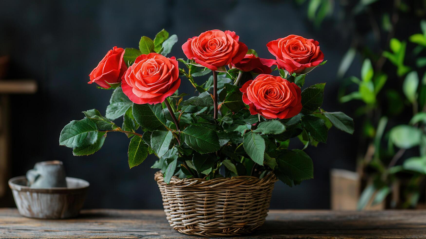 Vibrant Red Roses in a Rustic Wicker Basket Close Up Flower Photography photo
