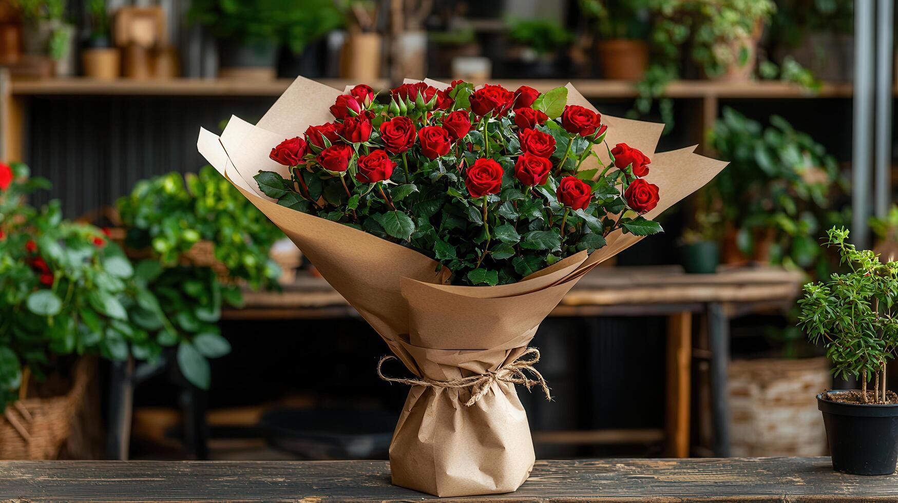 Elegant Bouquet of Red Roses Wrapped in Kraft Paper Florist Shop Setting photo