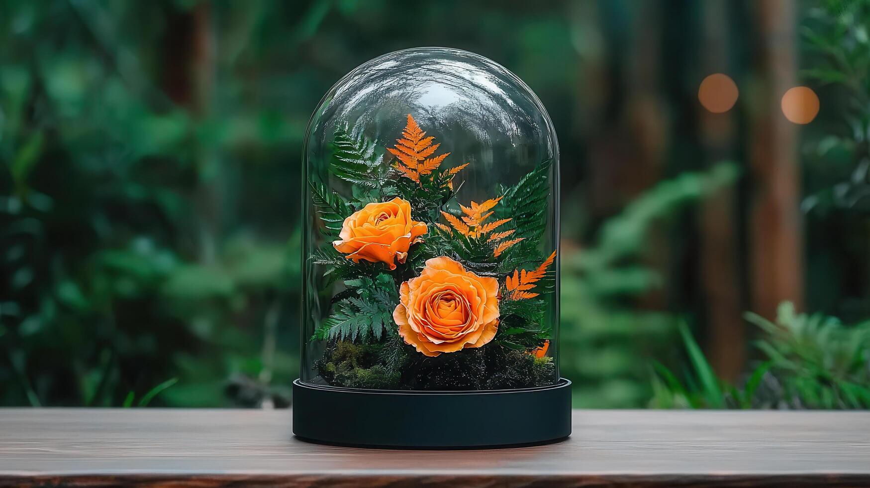 Stunning Orange Roses in Glass Dome Terrarium Nature Inspired Floral Arrangement Botanical Decor photo