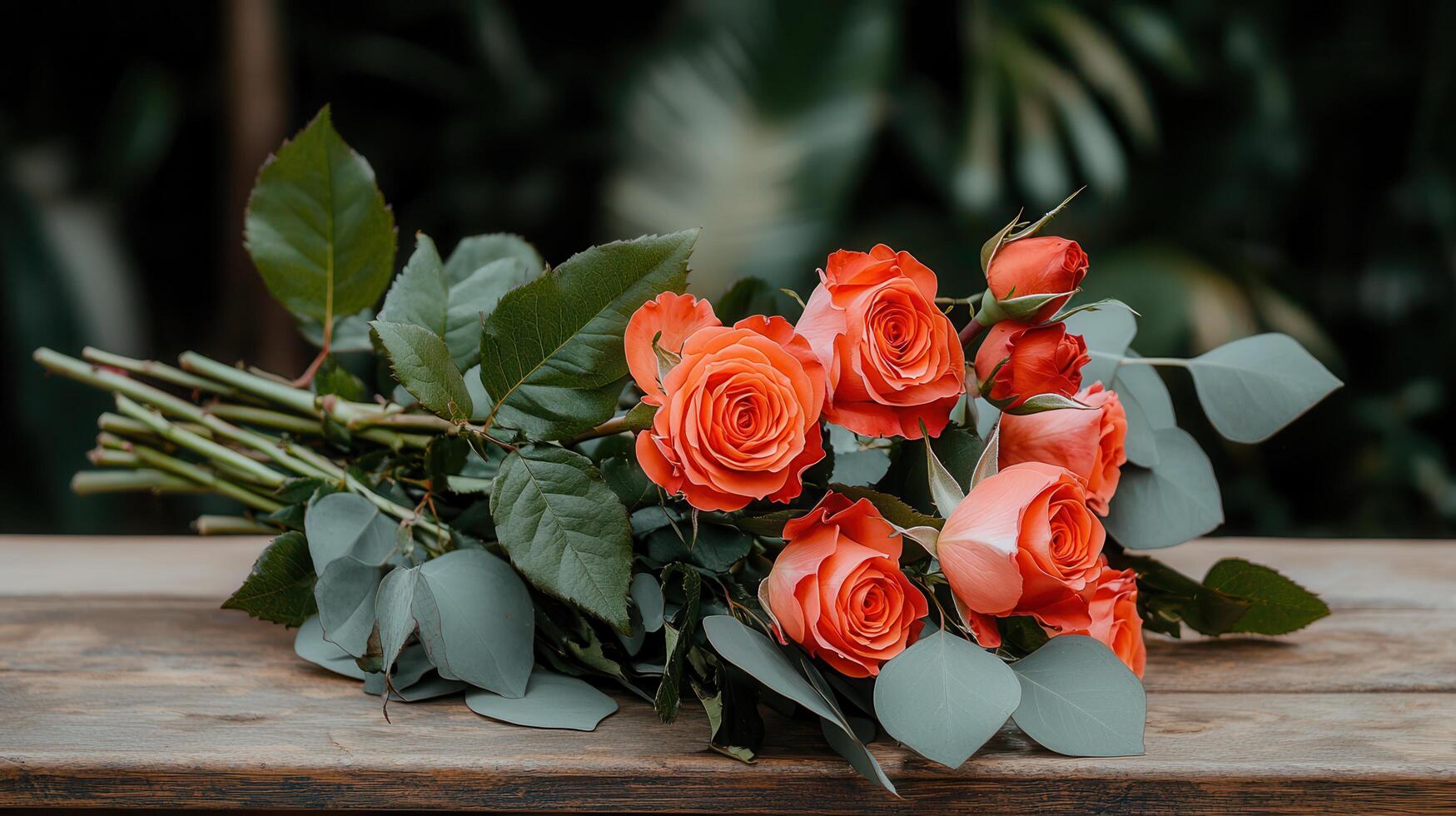 Romantic Coral Roses Bouquet on Rustic Wooden Table Wedding Flowers Floral Arrangement photo