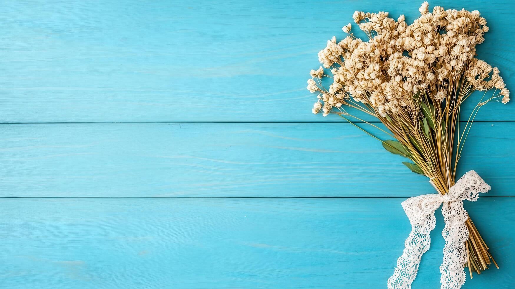 Dried Flowers Bouquet on Blue Wooden Background Rustic Wedding Decor Vintage Floral Arrangement photo