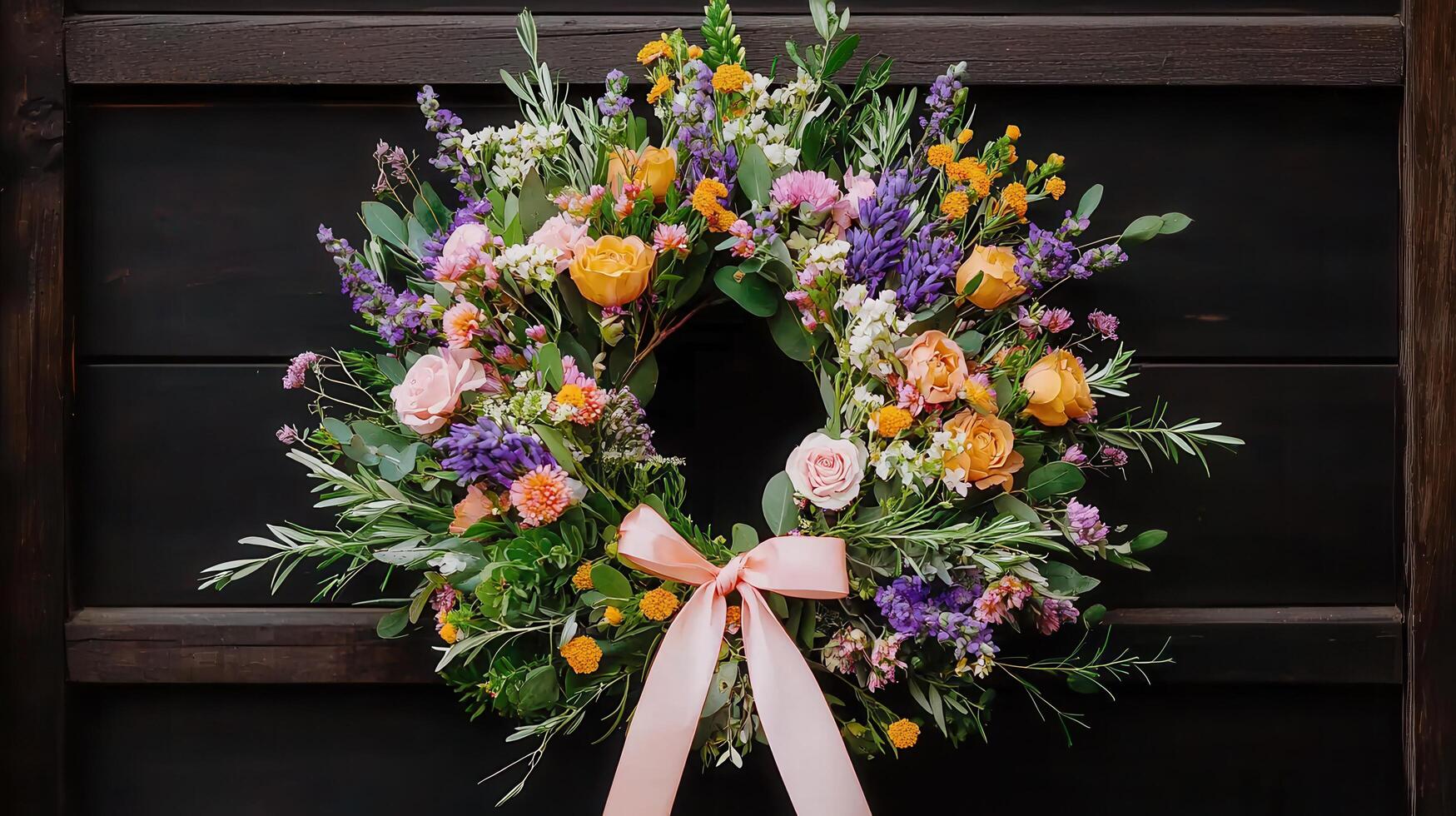 Vibrant Spring Floral Wreath with Peach and Purple Roses Lavender and Herbs on Dark Wood photo