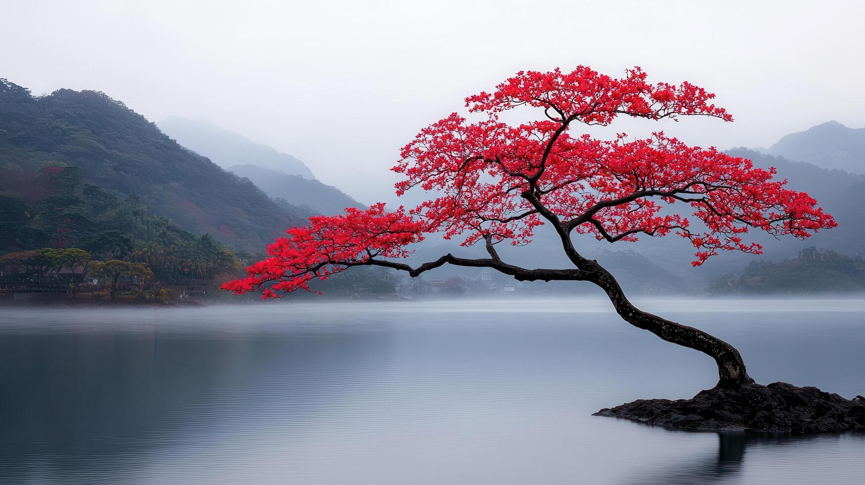Serene Red Tree on Lake in Misty Mountain Landscape Tranquil Nature Scene photo