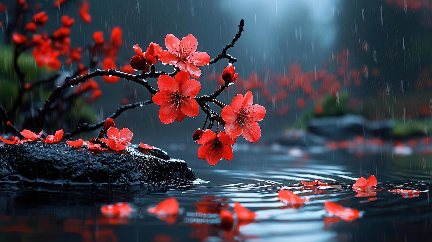 Serene Red Blossoms in Rain Tranquil Nature Photography of Flowers on Rock photo