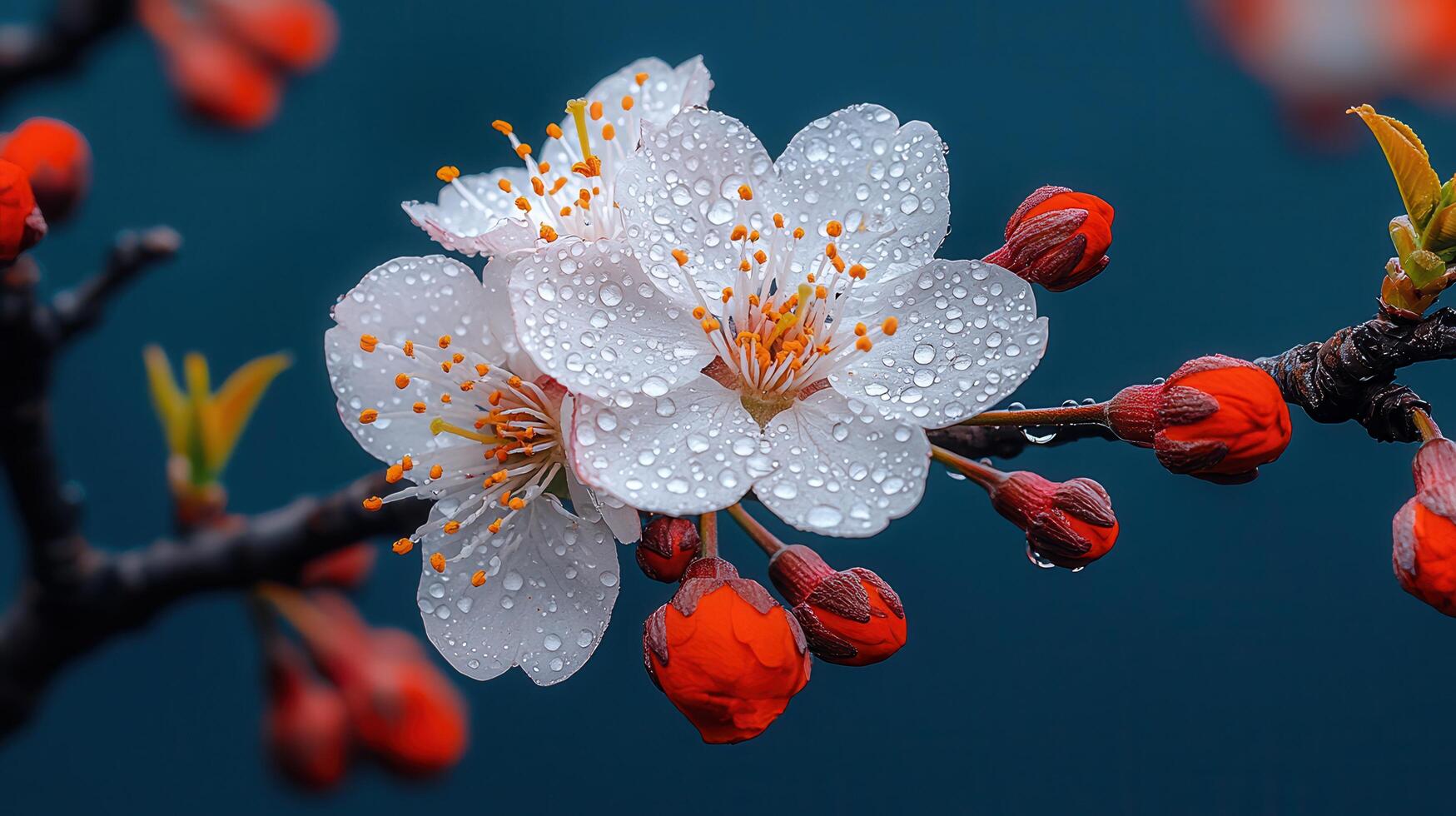 Stunning Dew Kissed White Blossoms on Branch Spring Nature Macro Photography photo