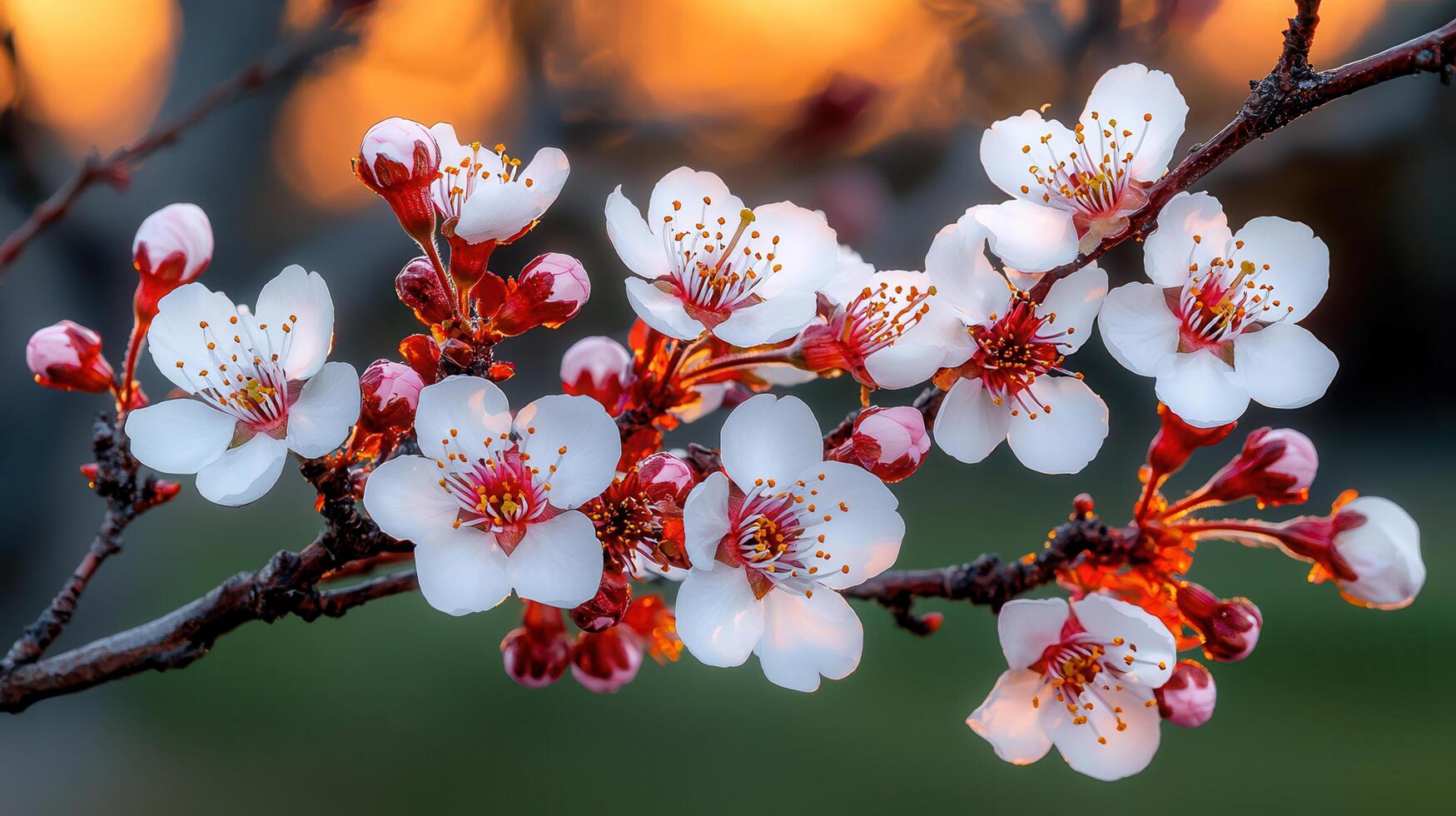 Delicate Spring Blossoms Close up of White and Red Plum Tree Flowers in Sunset Light photo