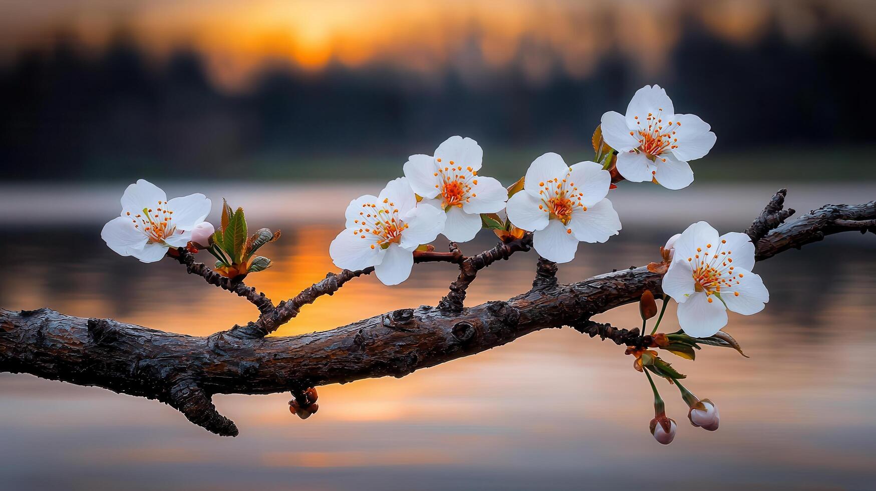 Serene Sunset Blossom Branch with Delicate White Flowers Over Water photo