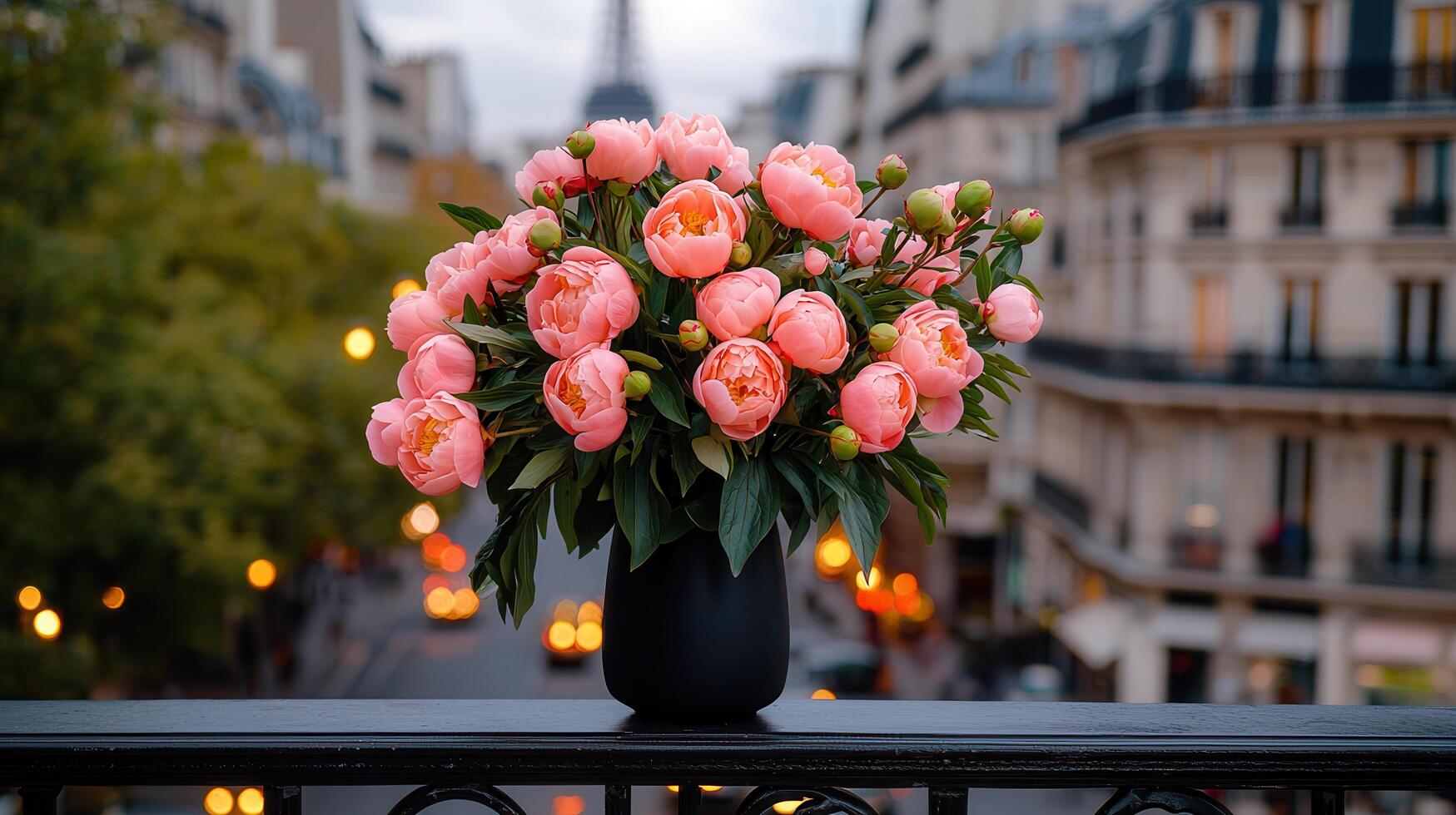 Parisian Cityscape with Blooming Pink Peonies in Vase on Balcony photo