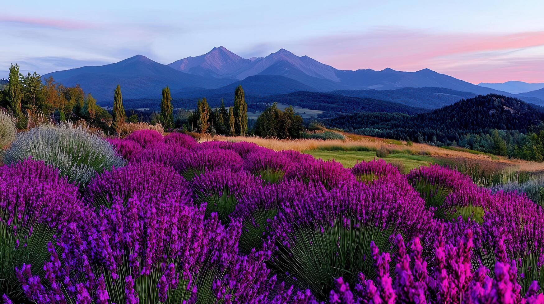 Vibrant Lavender Field at Sunset with Majestic Mountain Range in Background photo