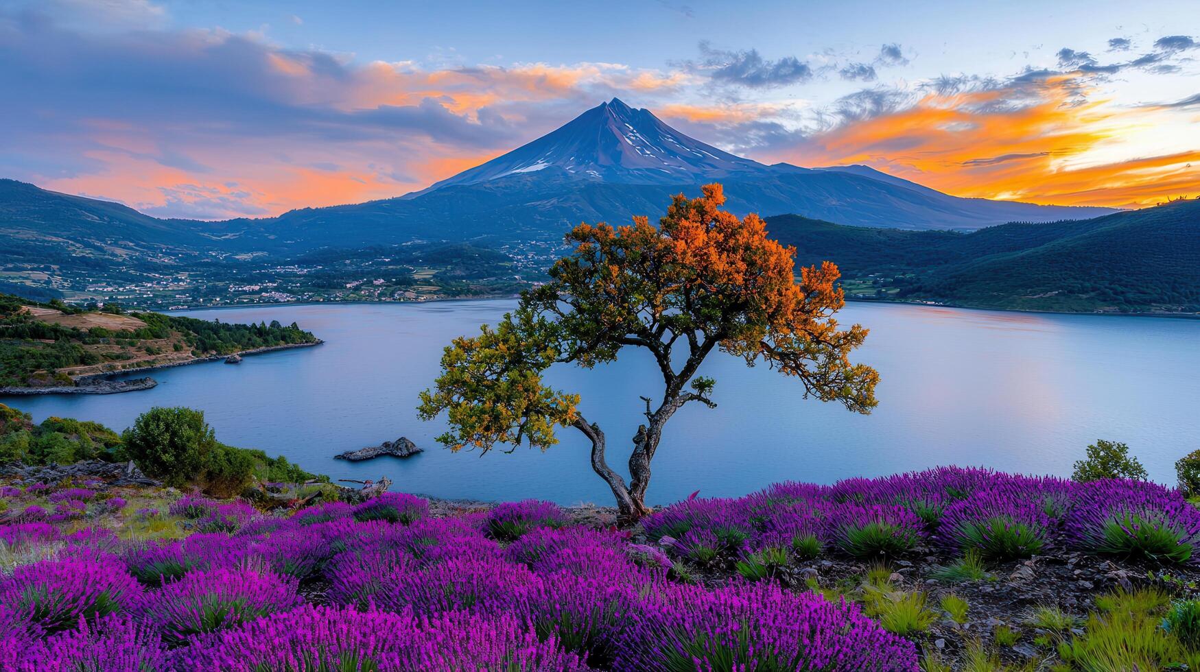 Stunning Sunset Landscape Lavender Field Lake Volcano Tree photo