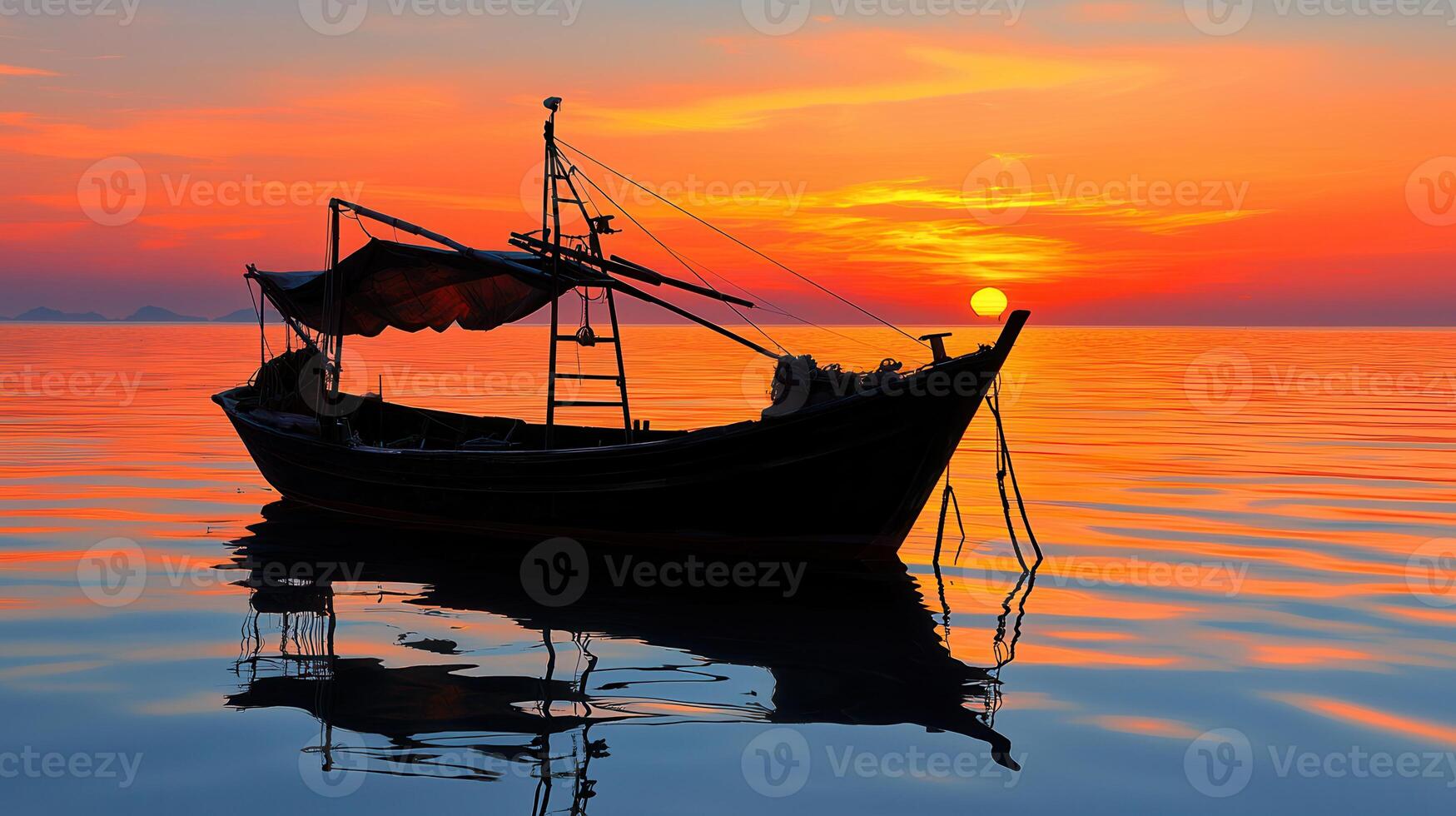 Serene Sunset Silhouette Fishing Boat at Golden Hour on Calm Ocean Waters photo
