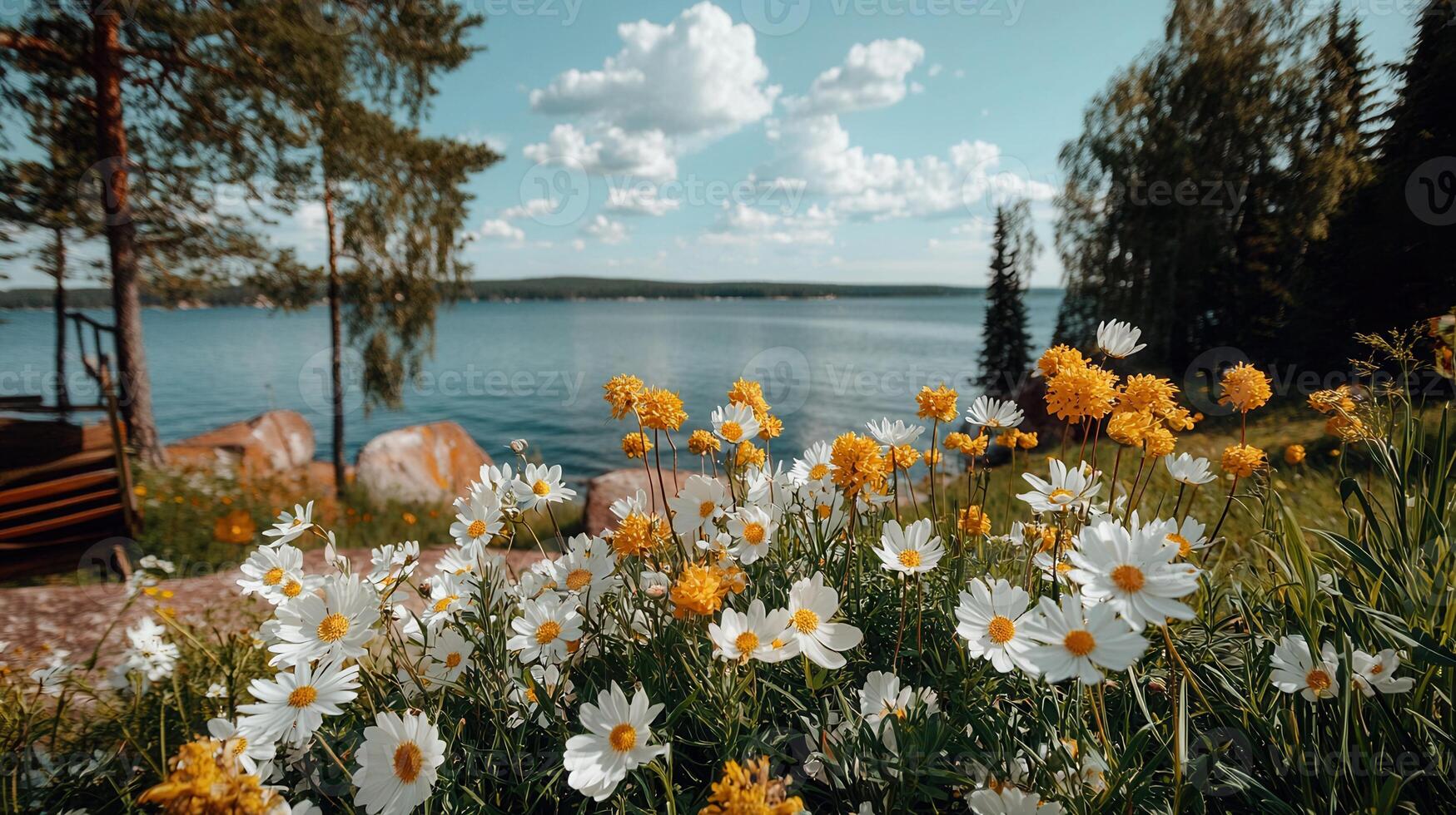 Vibrant Summer Daisies Blooming by Lakeside Serene Nature Scene photo