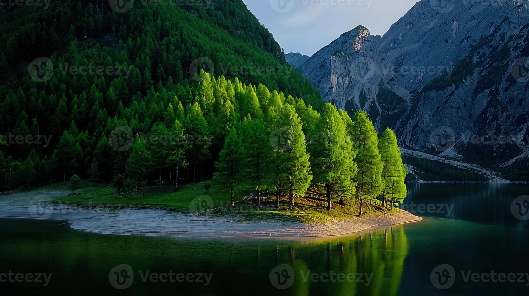 Serene Mountain Lake Landscape Lush Green Pines Calm Water Majestic Peaks photo