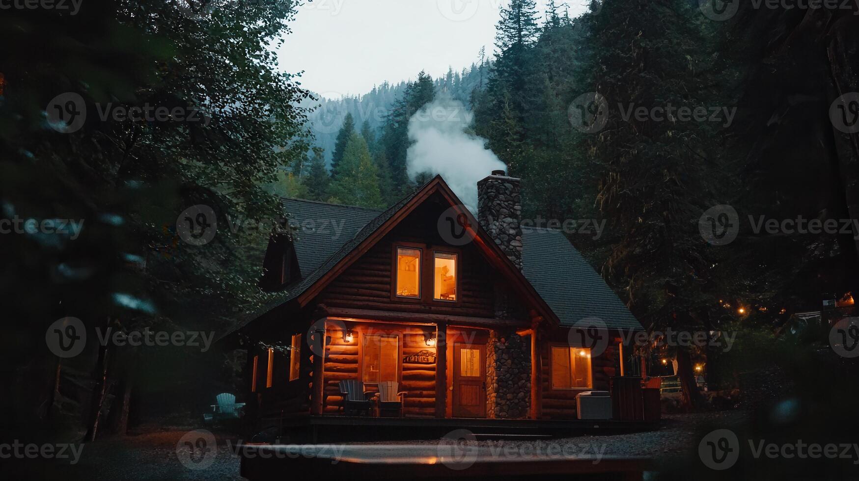 Cozy Log Cabin in a Dark Forest at Night with Warm Lights and Smoke from Chimney photo