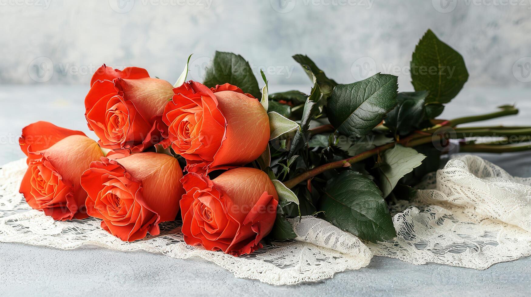 Romantic Orange Roses Bouquet on Lace Fabric Elegant Floral Arrangement Wedding Flowers photo
