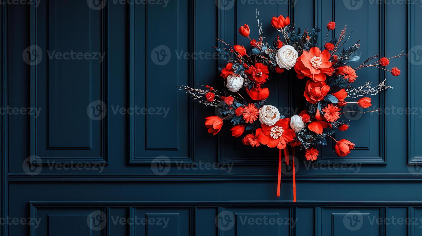 Elegant Red and White Floral Wreath on Dark Blue Panelled Wall photo
