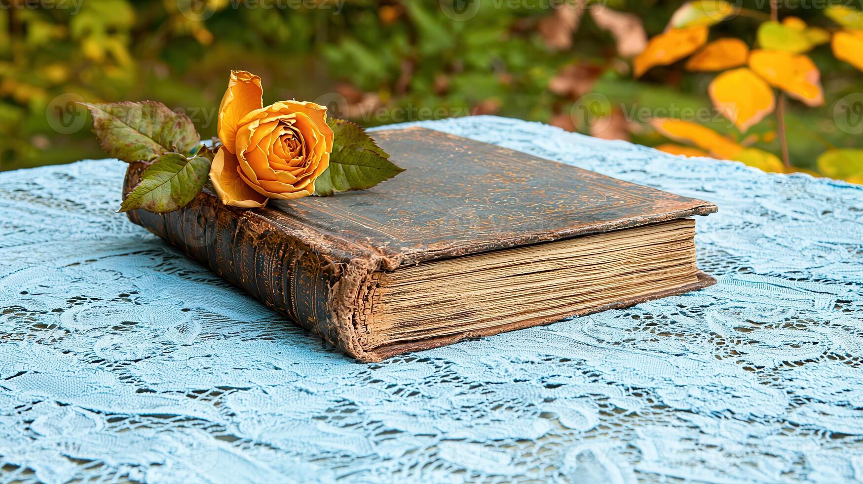 Antique Book with Dried Yellow Rose on Lacy Tablecloth Autumnal Background photo