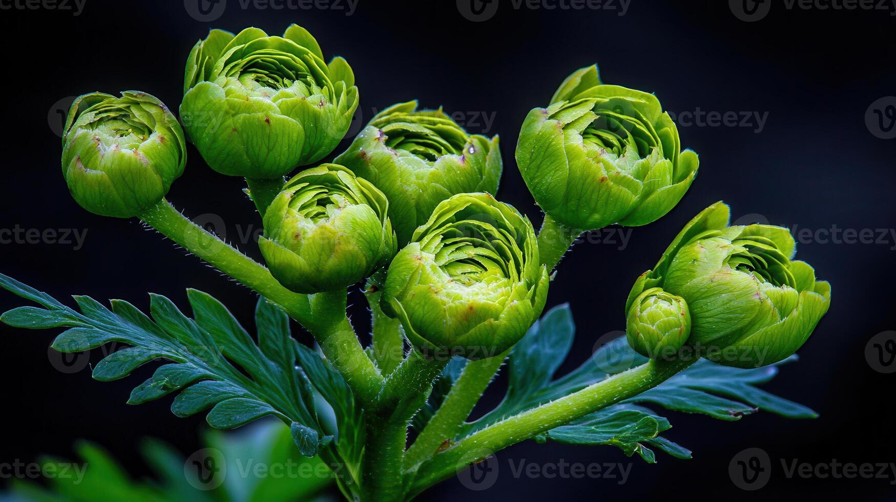 Vibrant Green Ranunculus Flower Buds Close up Macro Photography of Spring Blooms photo