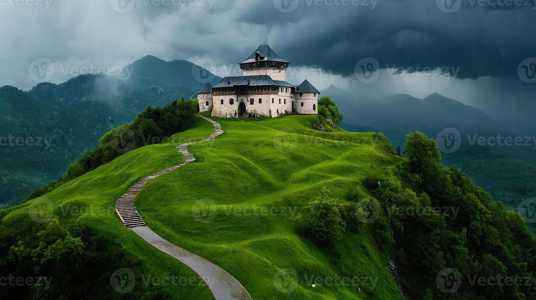 Majestic Castle on Verdant Hilltop Dramatic Stormy Sky Scenic Landscape photo