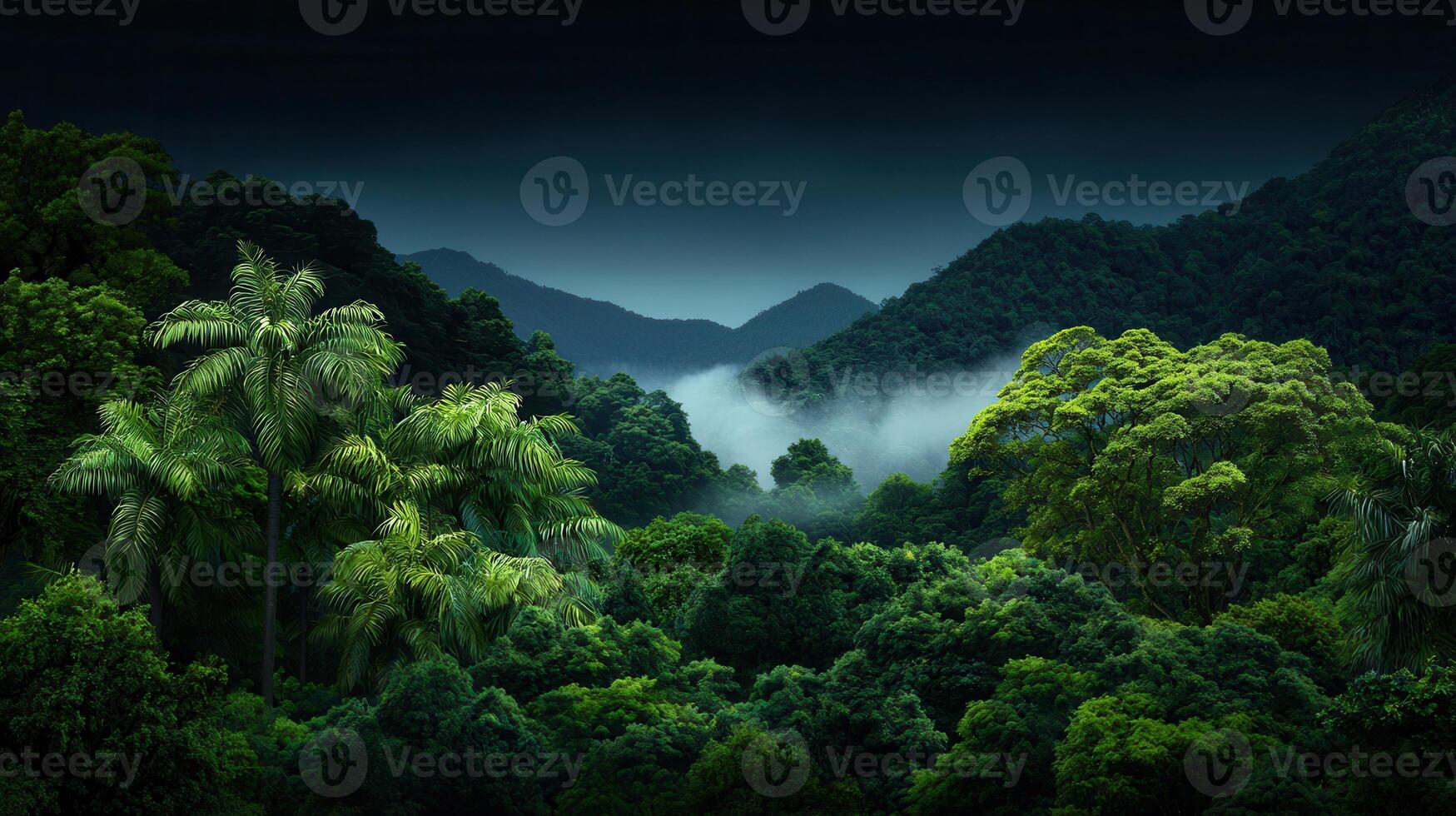 Lush Tropical Rainforest Landscape with Foggy Mountains and Palm Trees photo