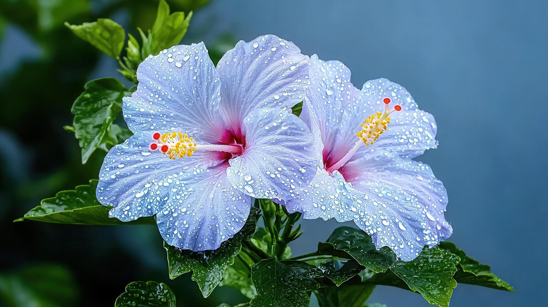 Two Delicate Light Blue Hibiscus Flowers with Dew Drops Close up Macro Photography photo