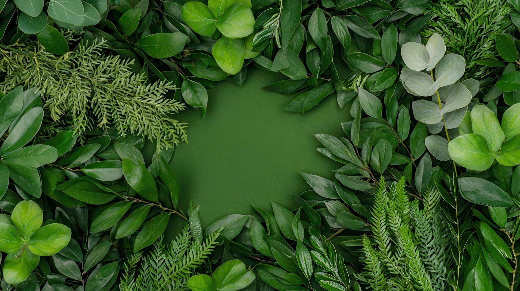 Lush Green Foliage Frame Botanical Background with Various Greenery Types photo