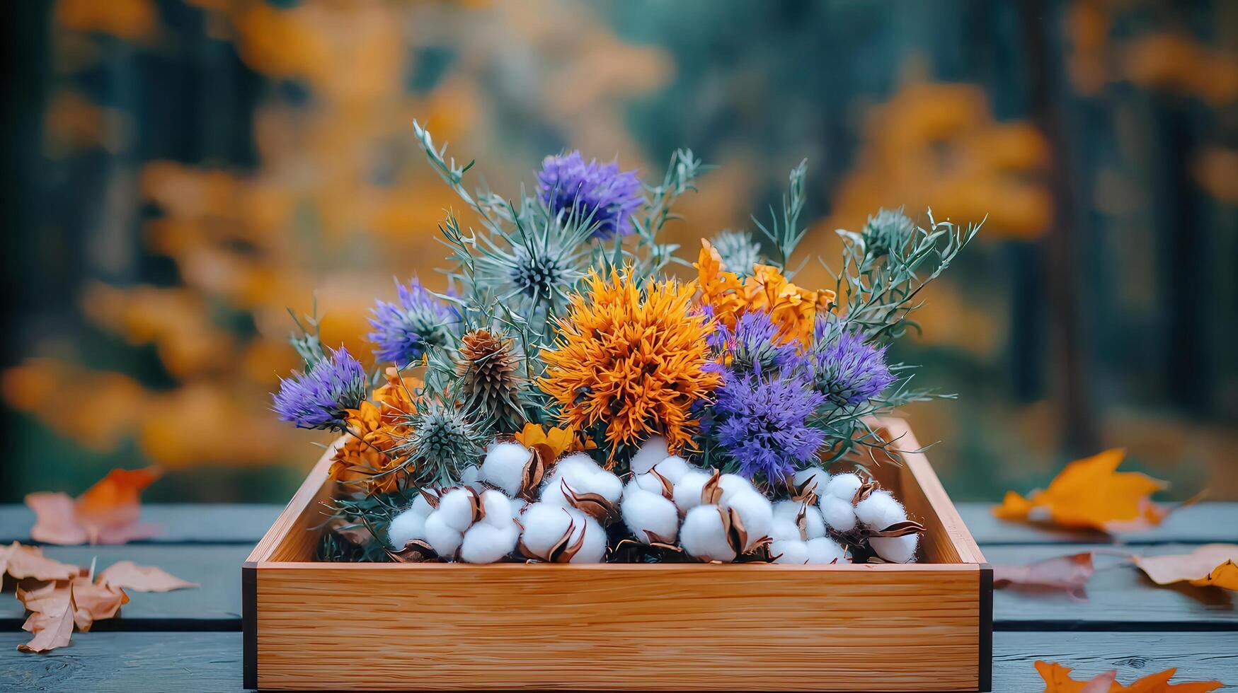 Autumnal Floral Arrangement in Wooden Box Thistle Cotton Orange Flowers Fall Decor photo