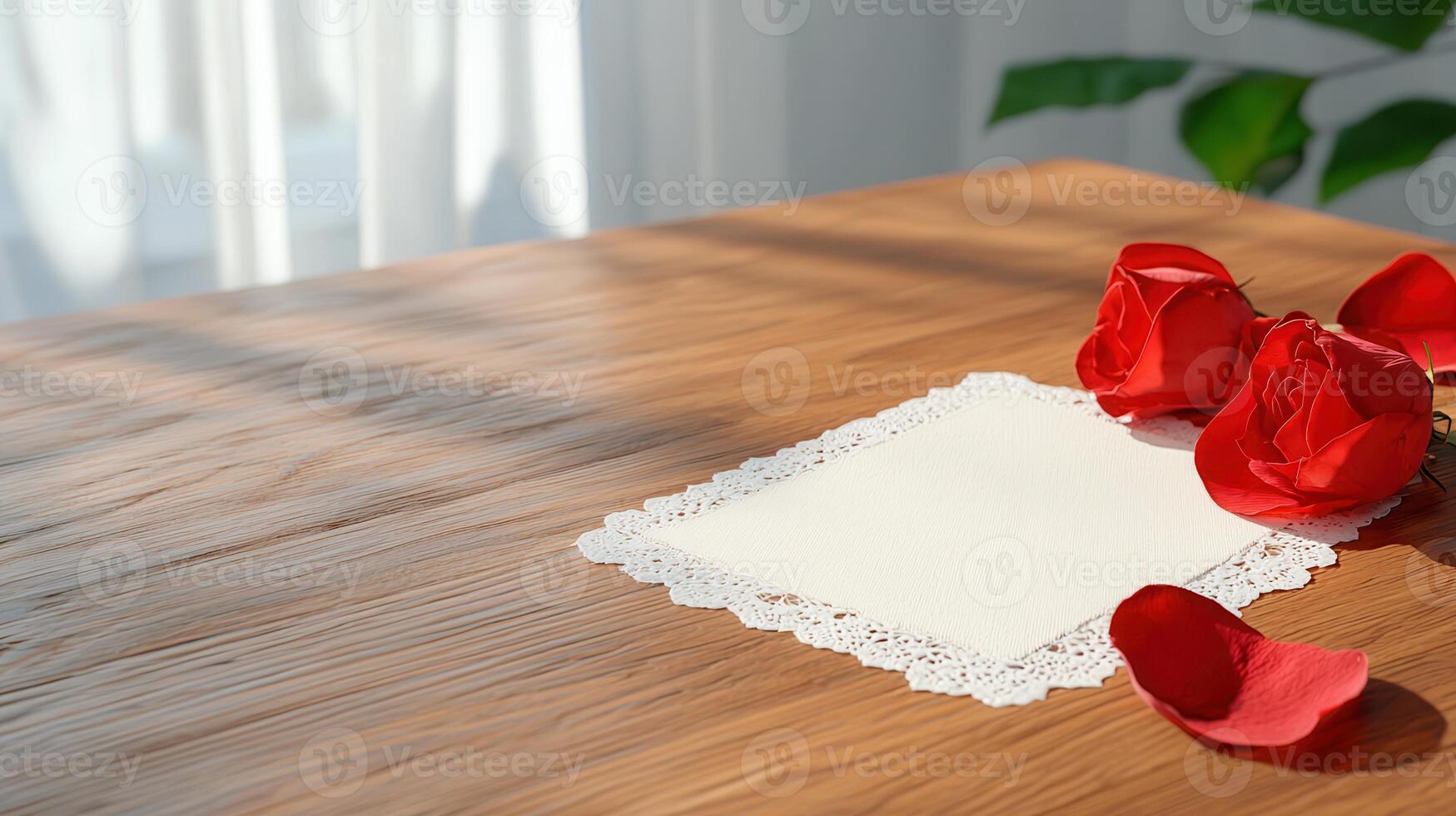 Romantic Red Roses and Blank Notecard on Wooden Table with Lace Doily photo