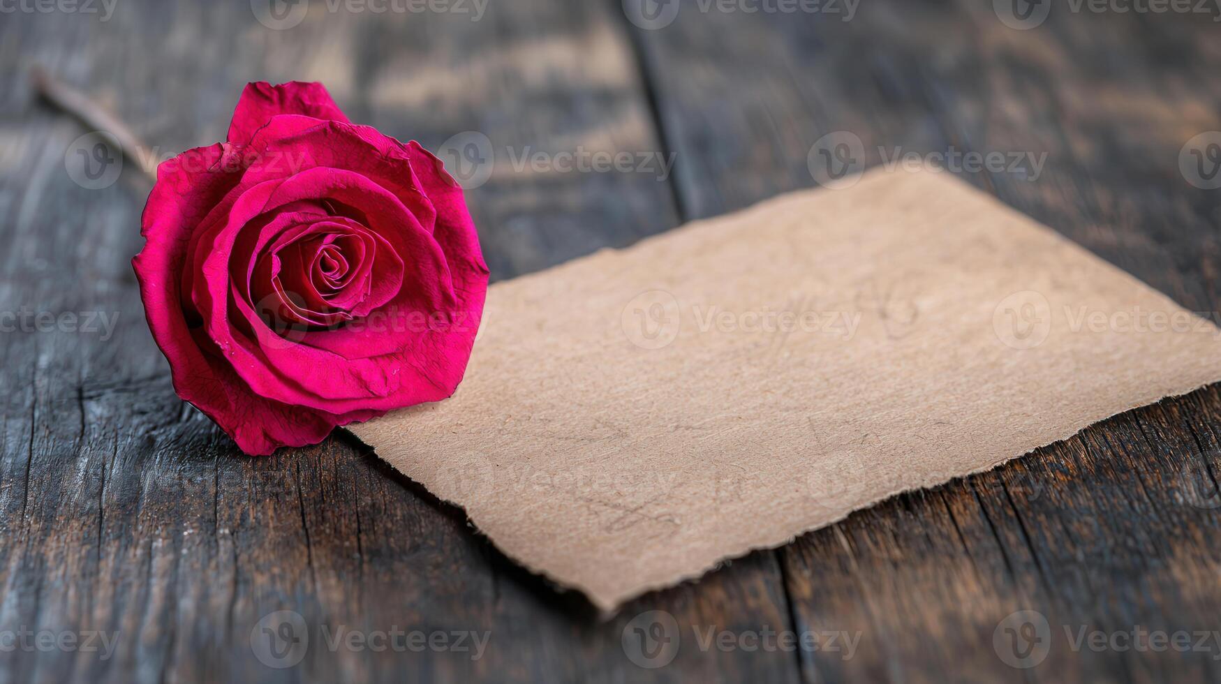 Romantic Red Rose with Blank Vintage Note on Rustic Wooden Background photo