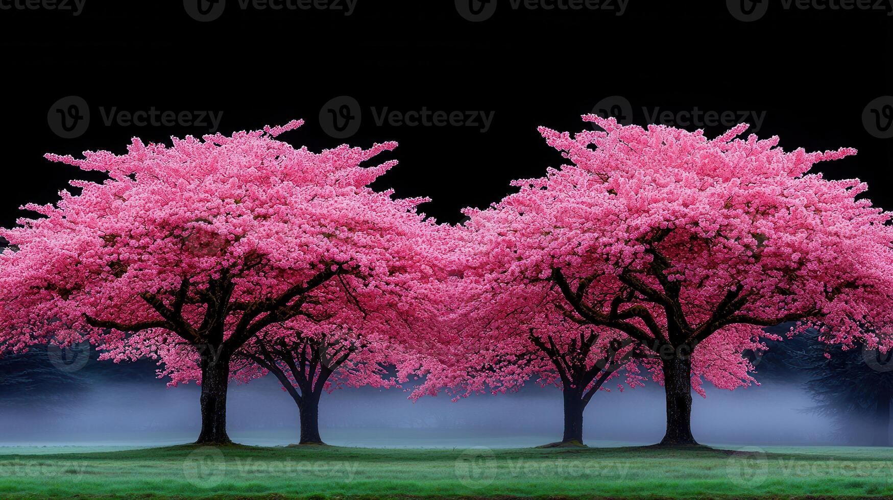 Majestic Pink Cherry Blossom Trees in a Misty Spring Landscape photo