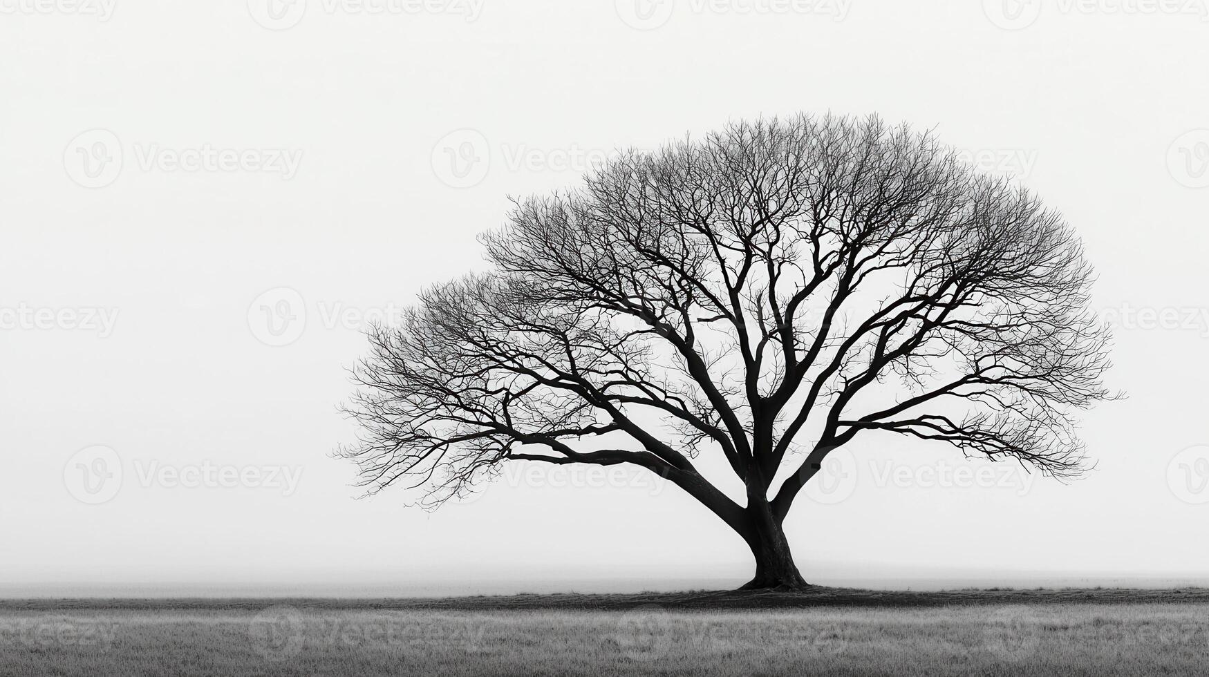 Solitary Leafless Tree in Misty Field Monochrome Landscape Photography photo