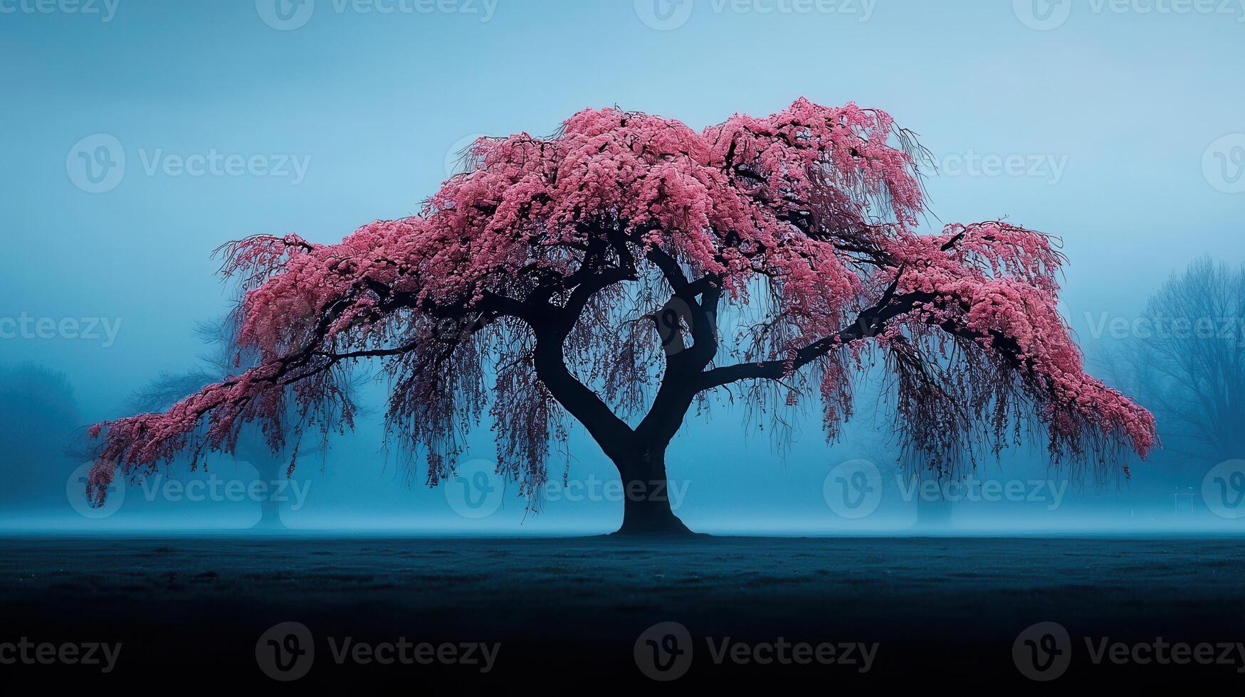 Serene Weeping Cherry Blossom Tree in Misty Dawn Landscape Photography photo