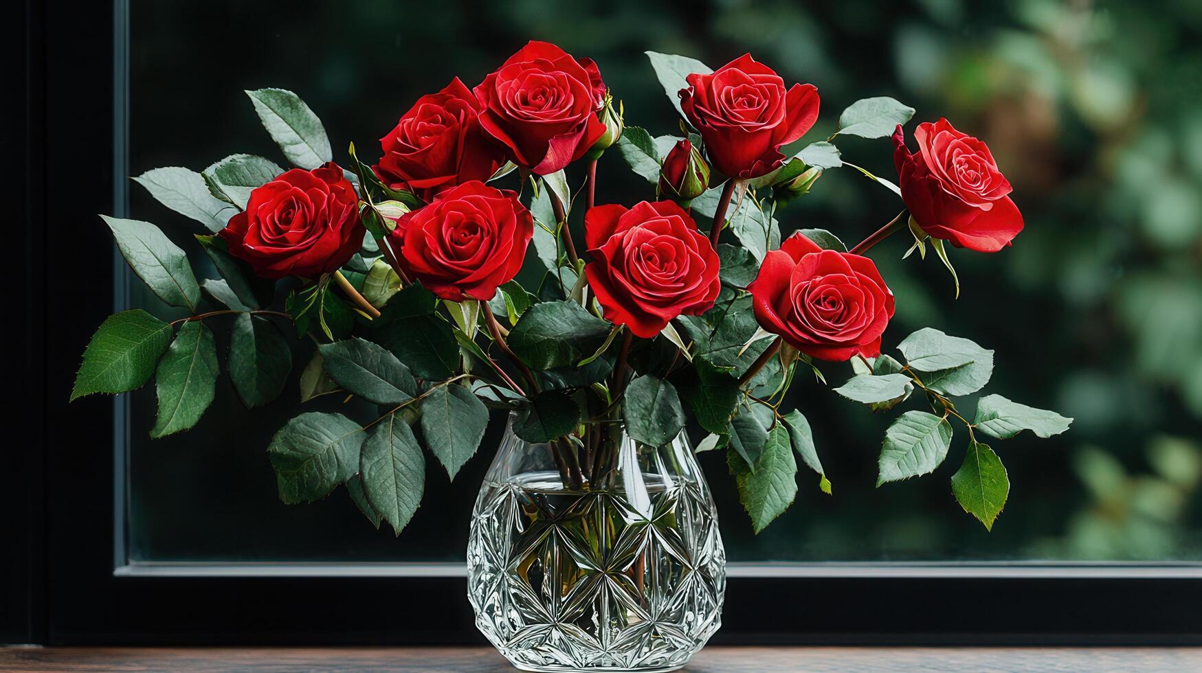 Exquisite Bouquet of Deep Red Roses in Crystal Vase by Window photo
