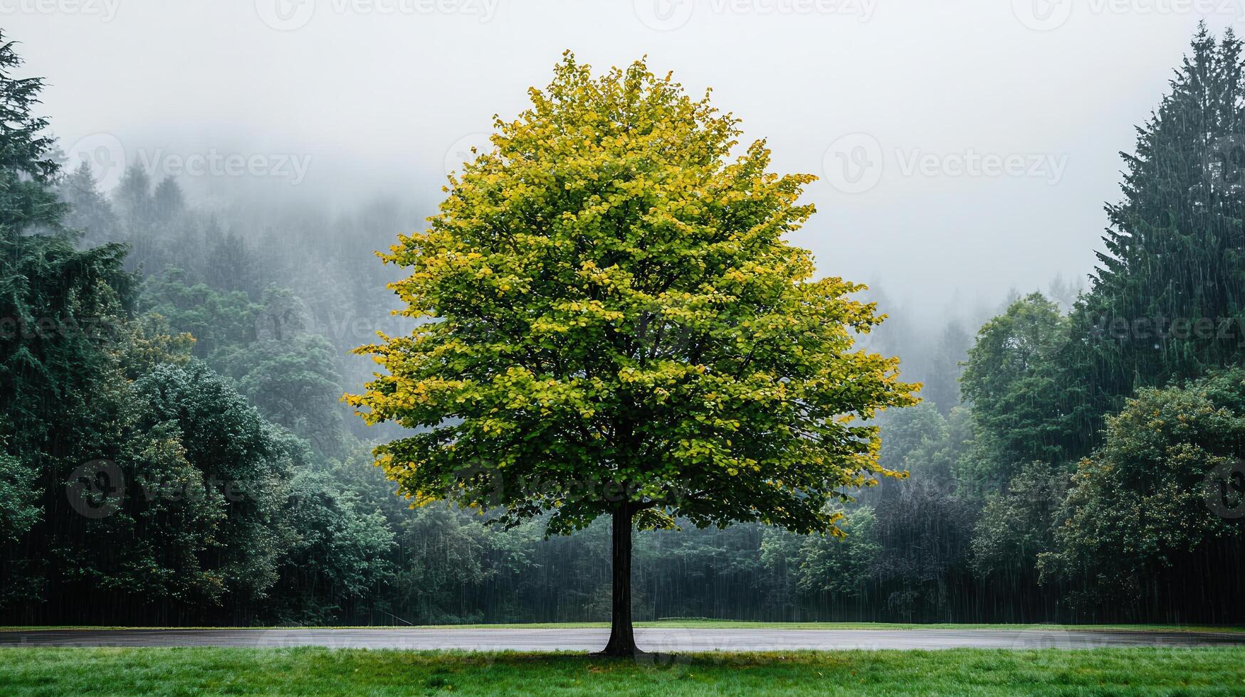 Serene Single Tree in Rain Lush Green Forest Misty Atmosphere Nature Photography photo