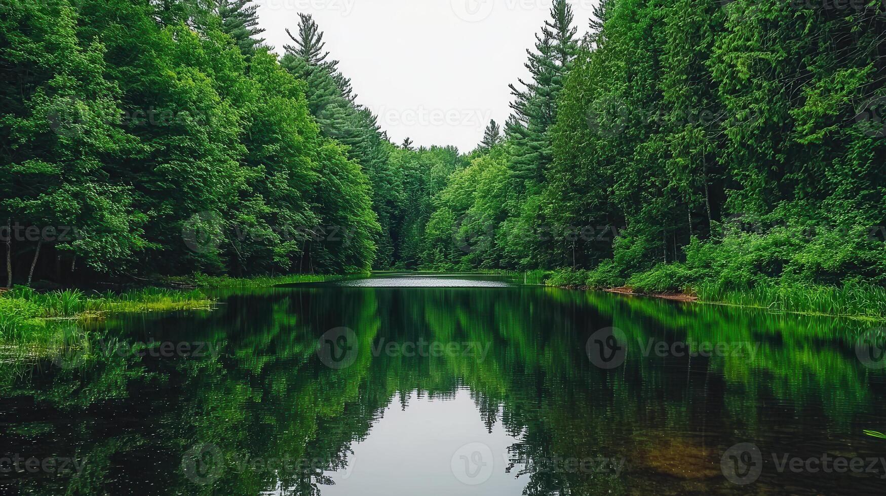 Serene Forest Lake Reflection Lush Green Trees Tranquil Water Nature Scene photo