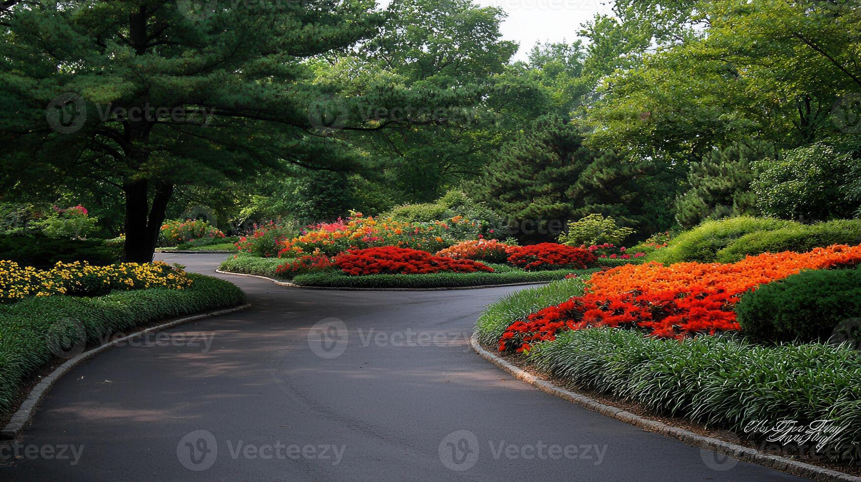 Serene Winding Driveway with Vibrant Spring Flowers and Lush Greenery in a Picturesque Garden photo